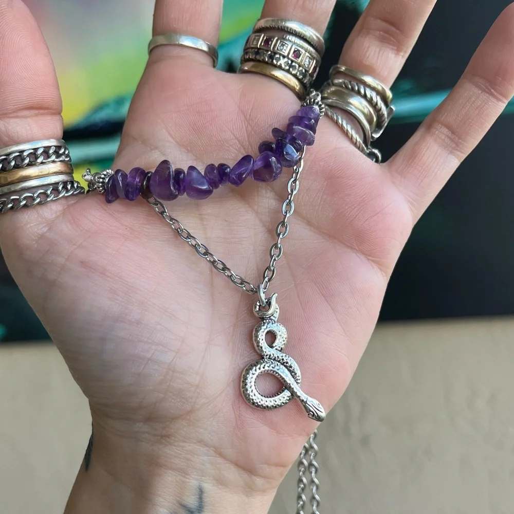 Set ! Amethyst double layer necklace snake + matching earrings boho goth celtic - Picture 7 of 11